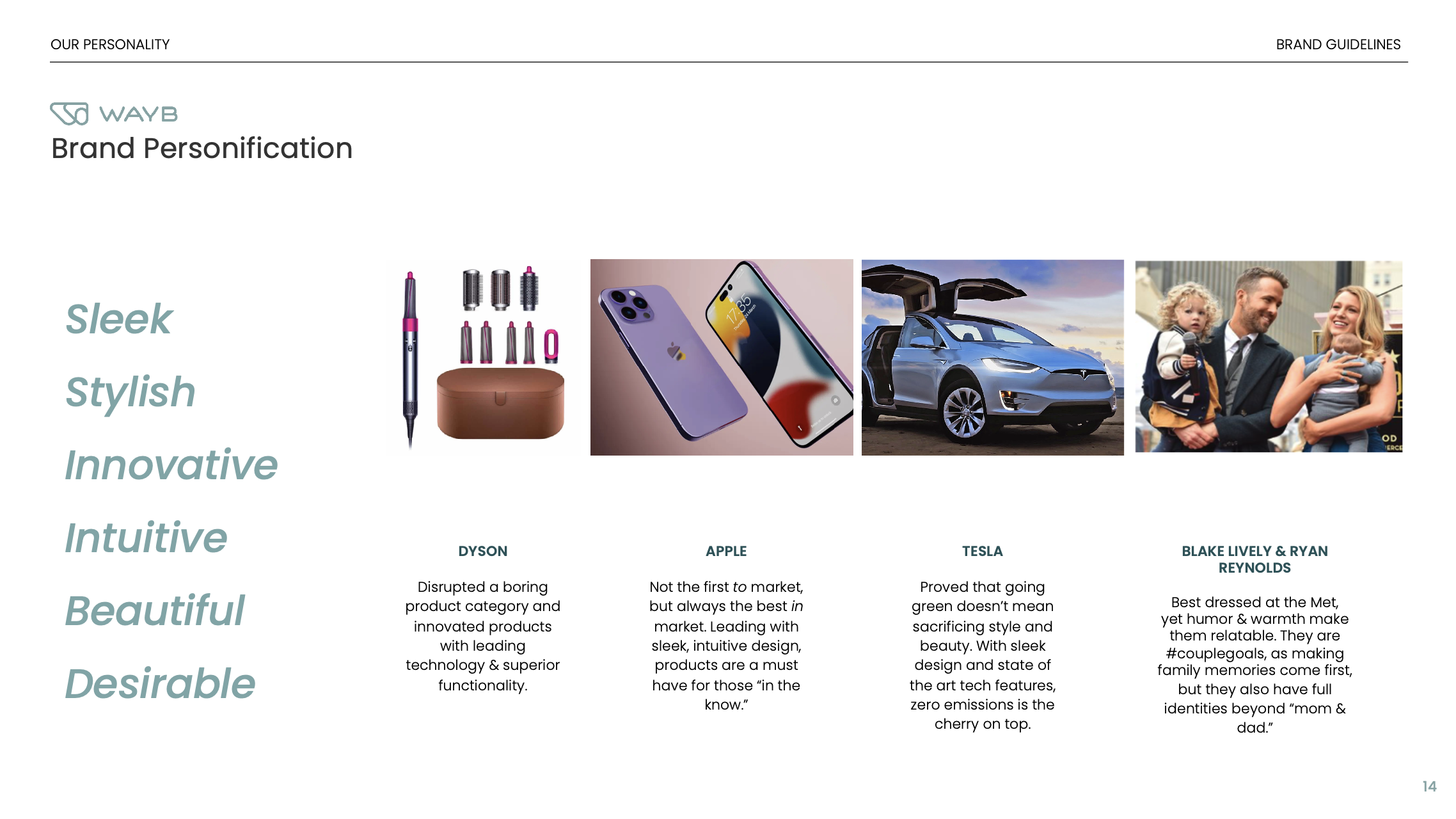 A brand guidelines document showcasing brand personality attributes such as sleek, stylish, innovative, intuitive, beautiful, desirable, and relatable. It includes images of a Dyson hairdryer, Apple iPhones, a Tesla car, and a family with a child.