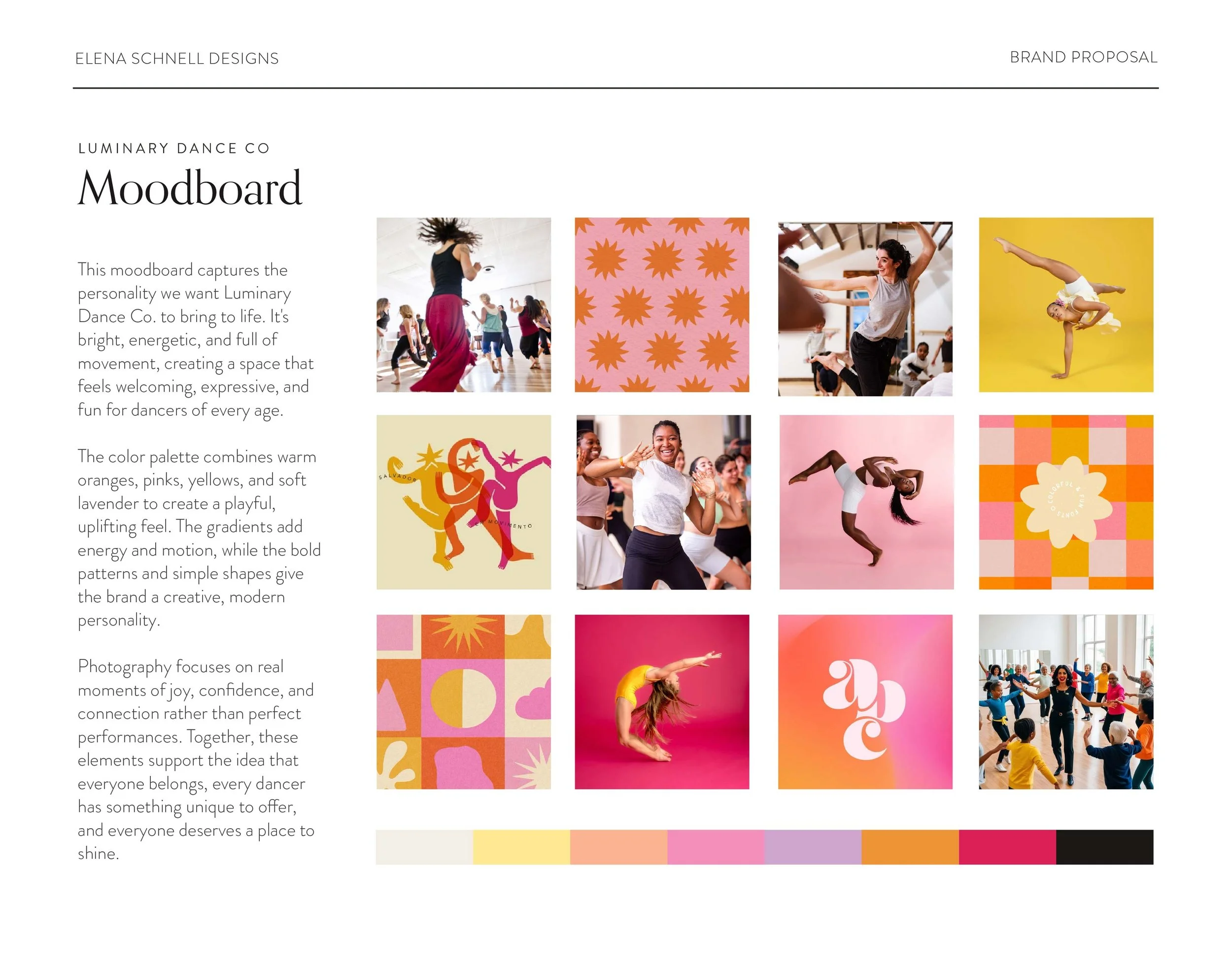 Luminary Dance Co. brand moodboard featuring vibrant photography, playful typography, colorful patterns and dance-inspired visual direction.