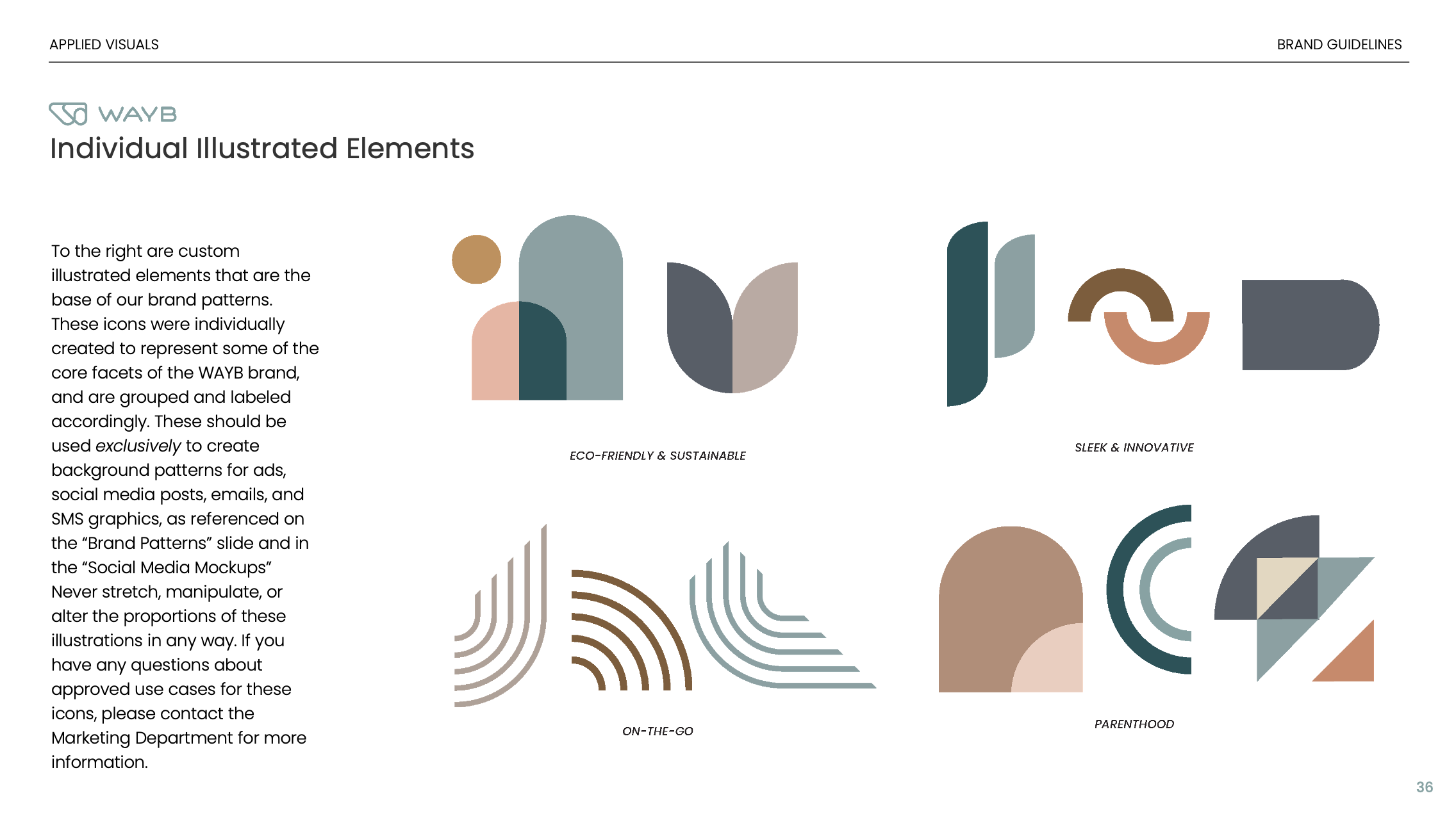Page from a branding guidelines document showing various illustrated icon elements grouped and labeled as 'Individual Illustrated Elements,' with icons in muted colors representing core facets of the brand, including 'Eco-Friendly & Sustainable,' 'Sleek & Innovative,' 'On-The-Go,' and 'Parenthood.'