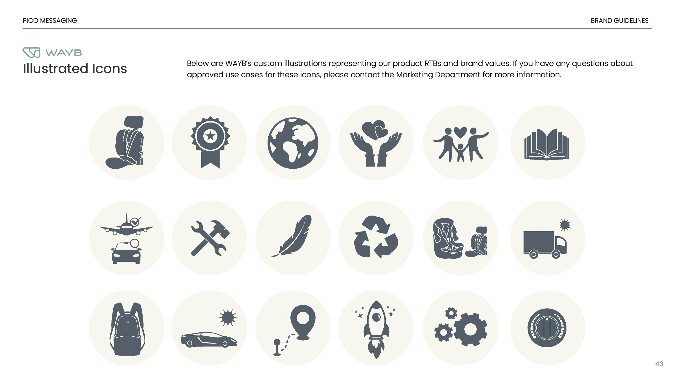 A digital document with multiple illustrated icons related to environmental and social themes arranged in rows. The icons include a person with a backpack, a medal, the Earth, hands holding hearts, a family, a book, an airplane, tools, a feather, recycling symbols, a person at a desk, a delivery truck, and others.