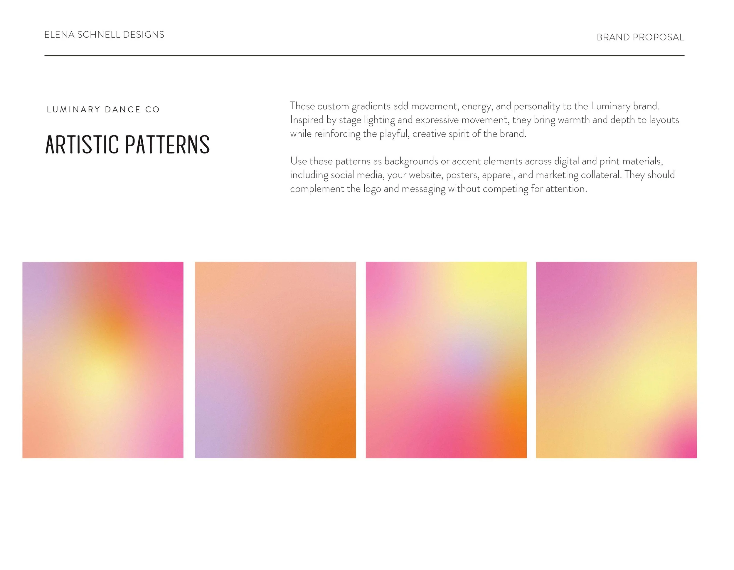 Luminary Dance Co. gradient system featuring colorful pink, orange, yellow and purple brand treatments.