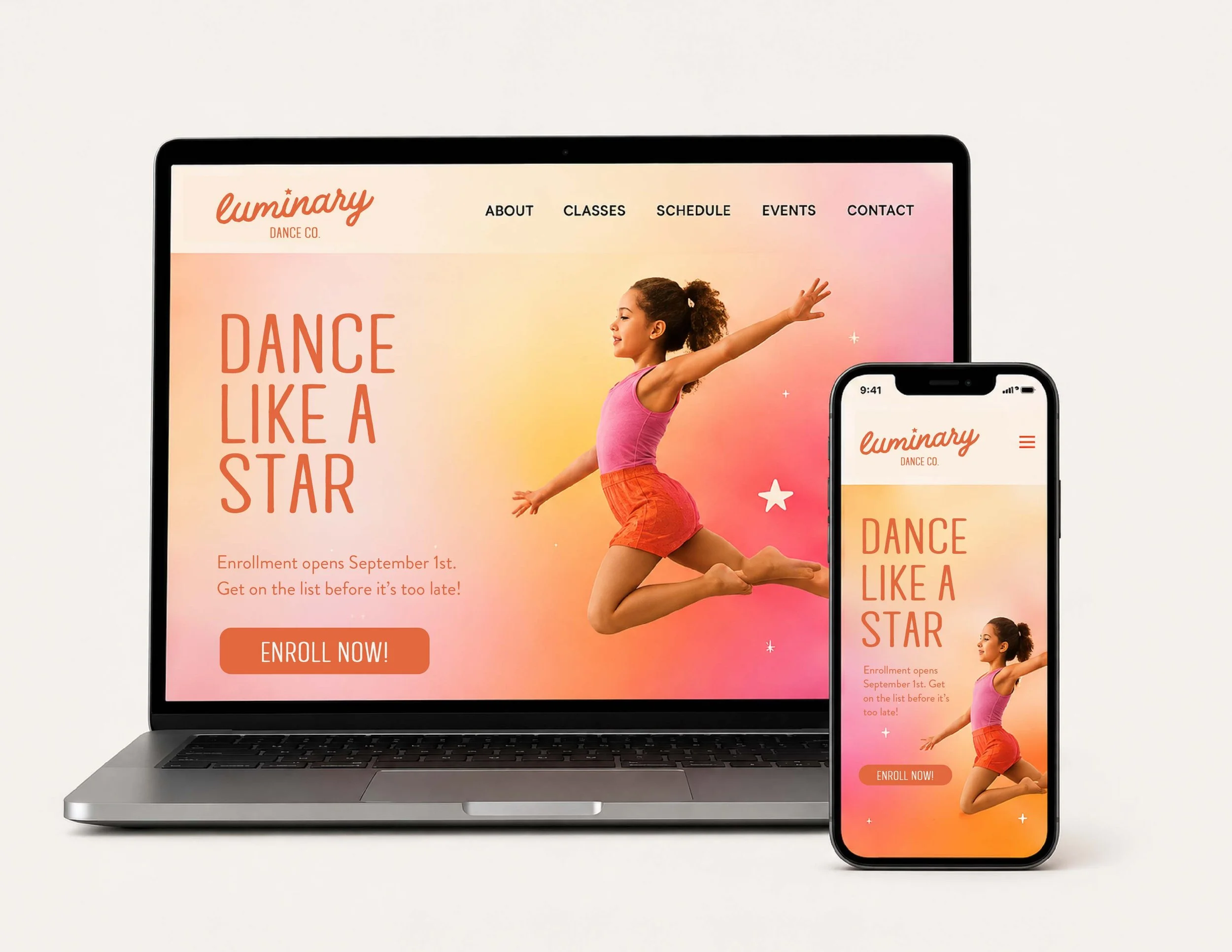 Laptop and smartphone displaying a dance studio website featuring a young woman in a pink top and orange shorts, jumping with arms outstretched against a gradient background of yellow, pink, and orange. The website text includes 'luminary dance co.' and 'Dance like a star'.