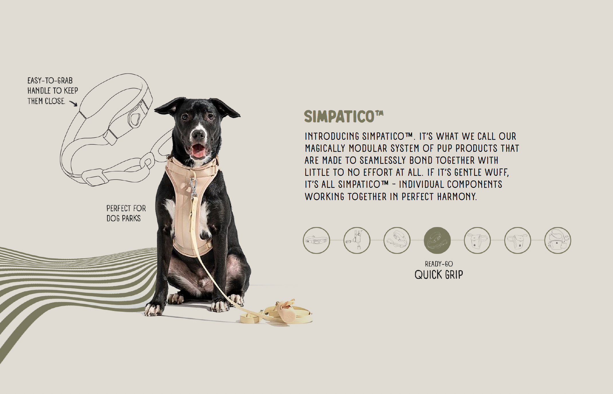 A dog wearing a beige harness with a leash attached, sitting in front of a beige background. There is a sketch of a pet collar or harness on the left side, and promotional text describing a modular system of pet products called 'SIMPATICO'.