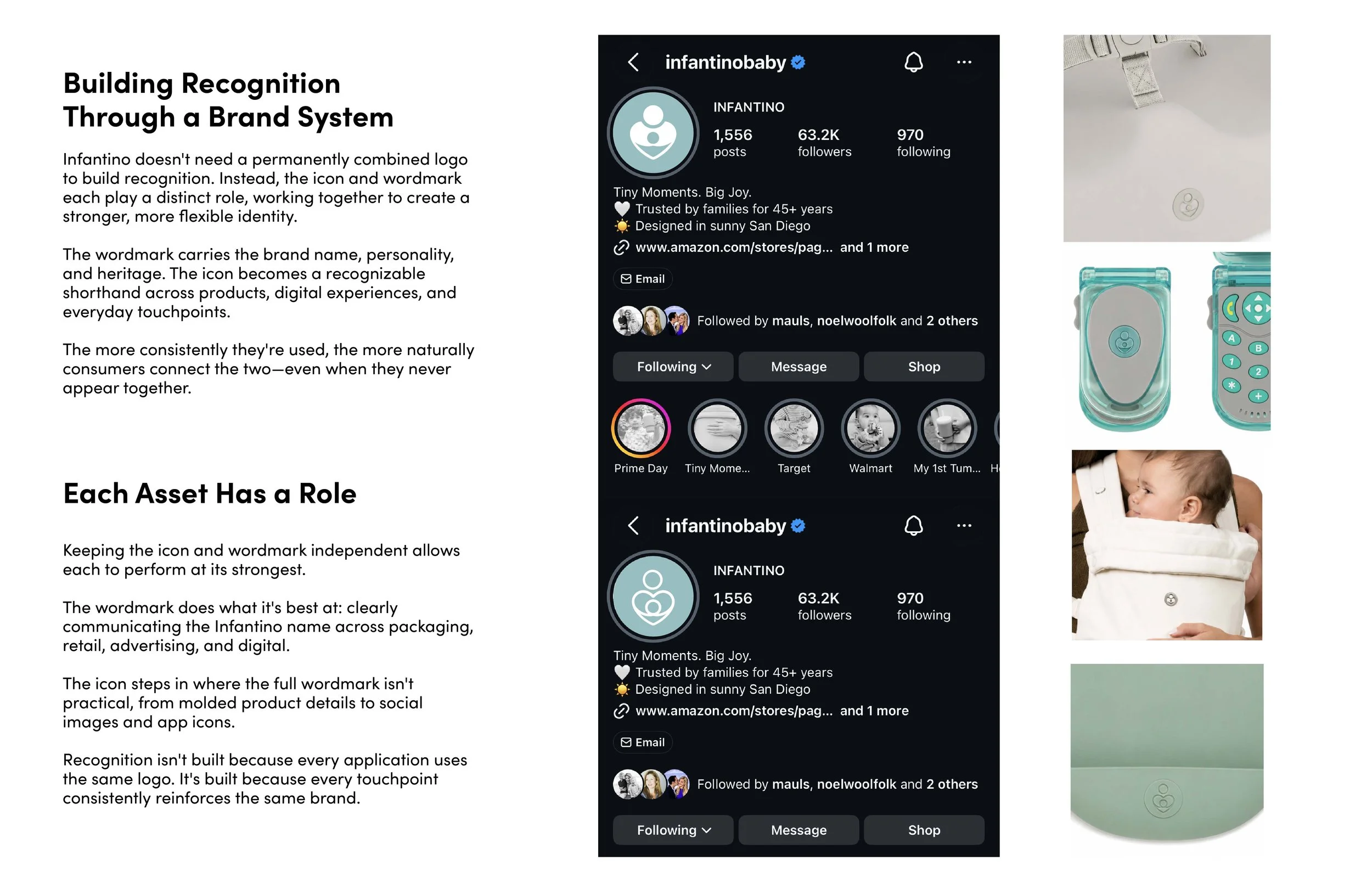 A graphic explaining the importance of brand recognition through icons and wordmarks, showing social media profile pages for 'infantinobaby' and close-up images of baby products, including a pacifier, a remote control, and a baby in a carrier.
