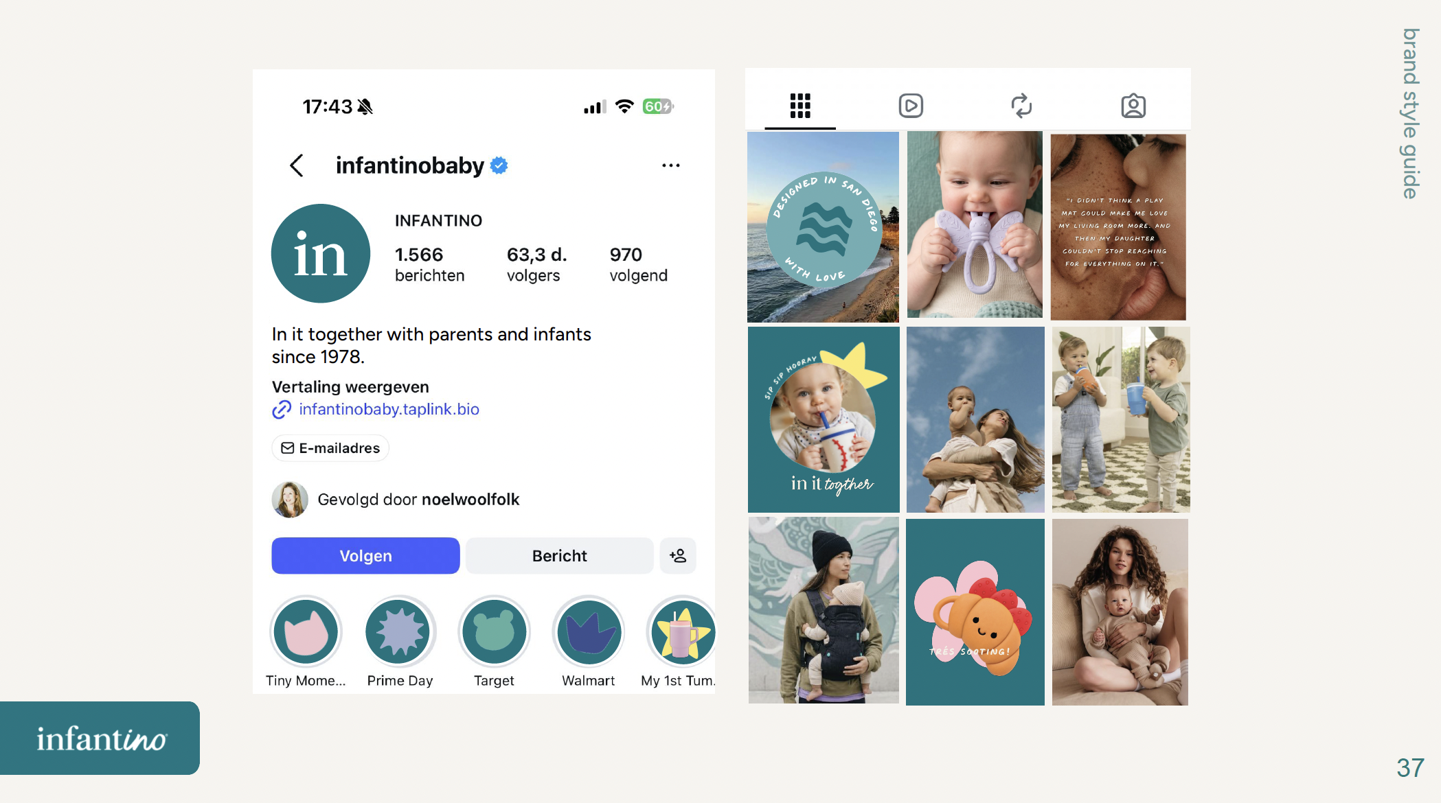 A screenshot of an Instagram profile page for 'infantinaby' with a blue logo and 1,566 followers, and an image gallery of children, babies, and logos related to the brand infusion.