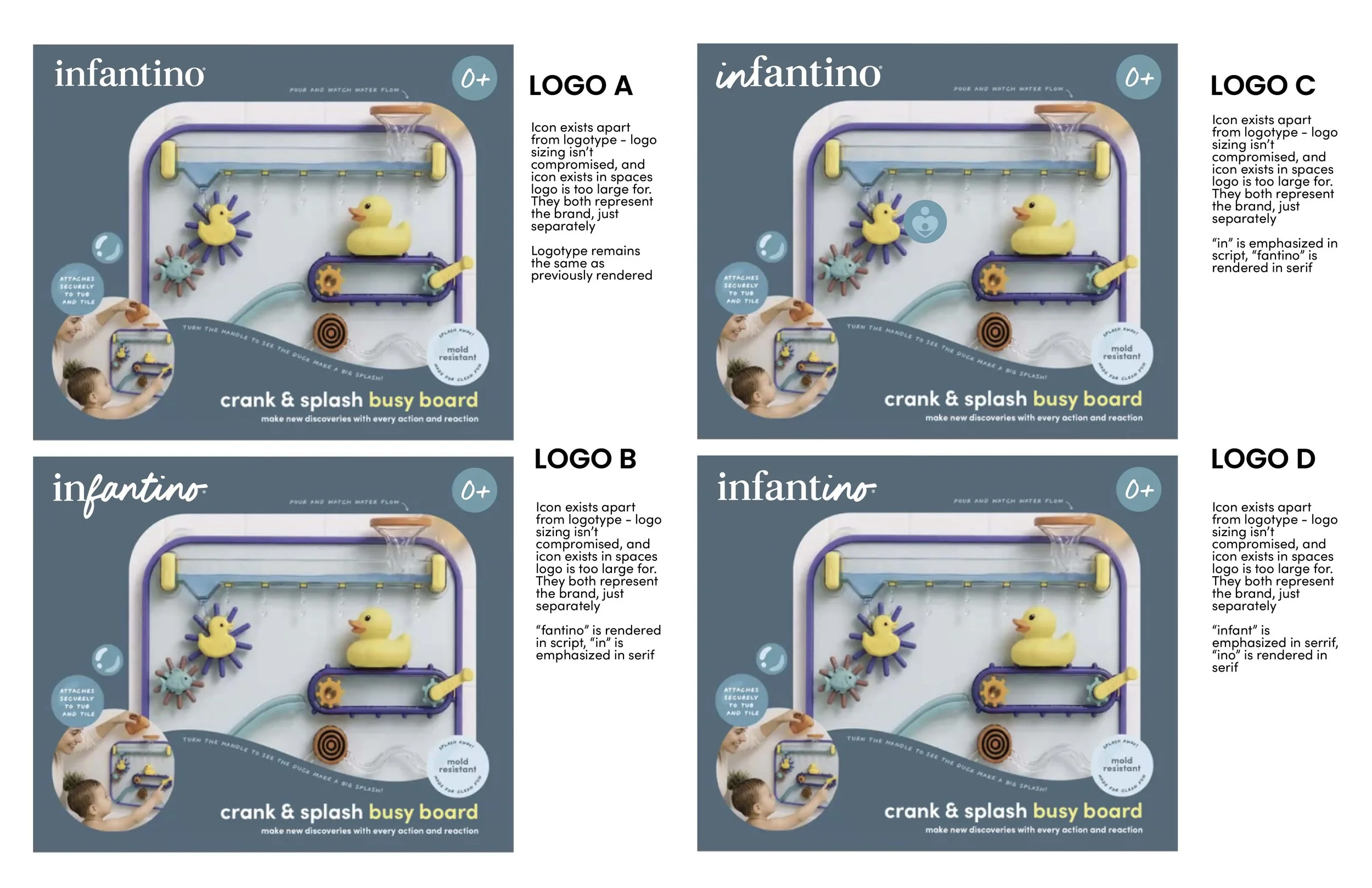 Packaging for a children's water activity set called 'crank & splash busy board' with plastic components, toys, and instructional text.