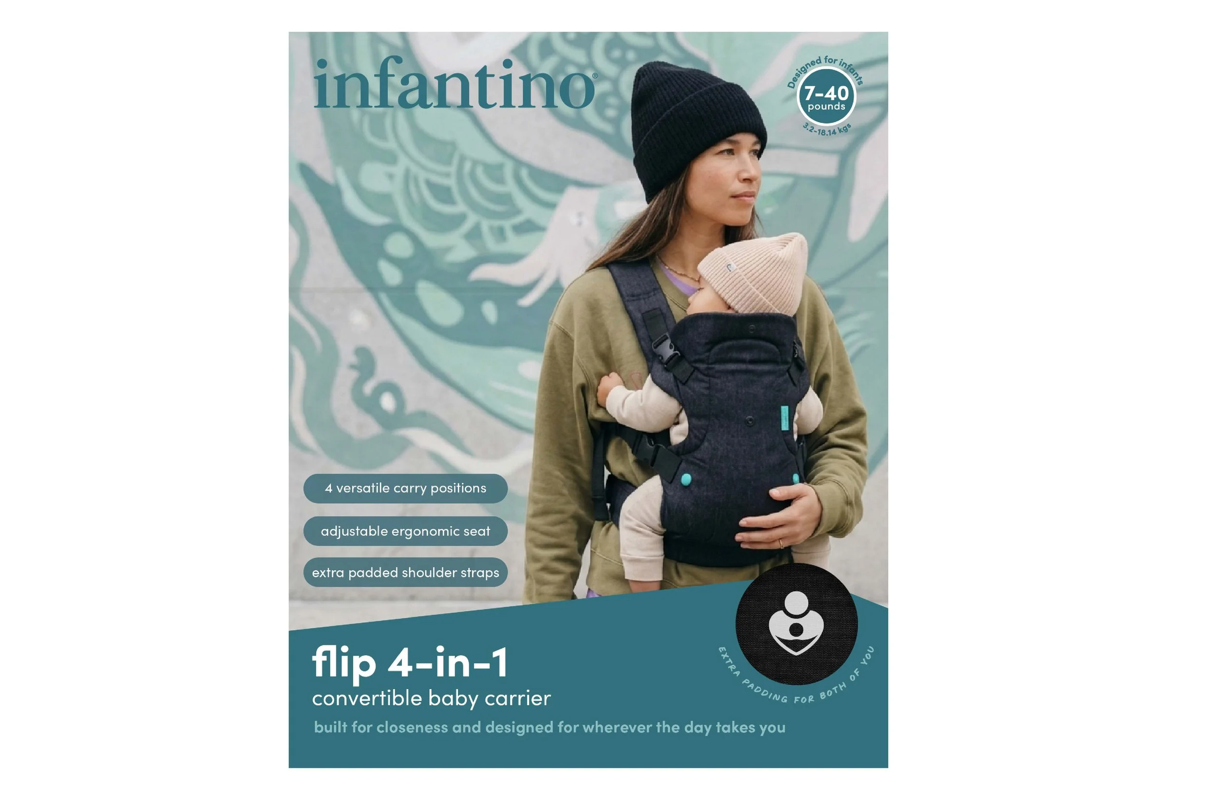 Infantino baby carrier packaging design and brand refresh application.