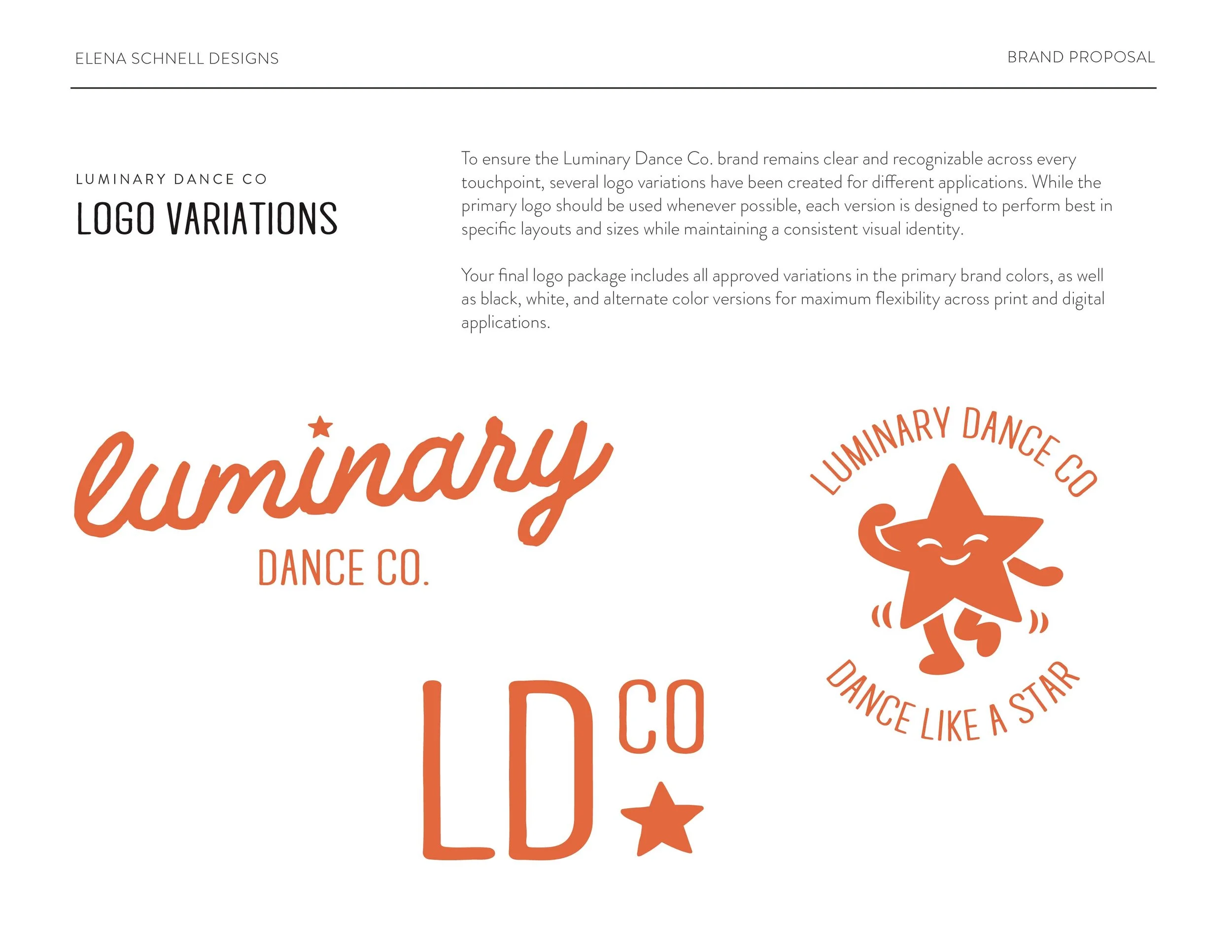 Luminary Dance Co. logo exploration featuring custom wordmarks, typography and the Disco star mascot.