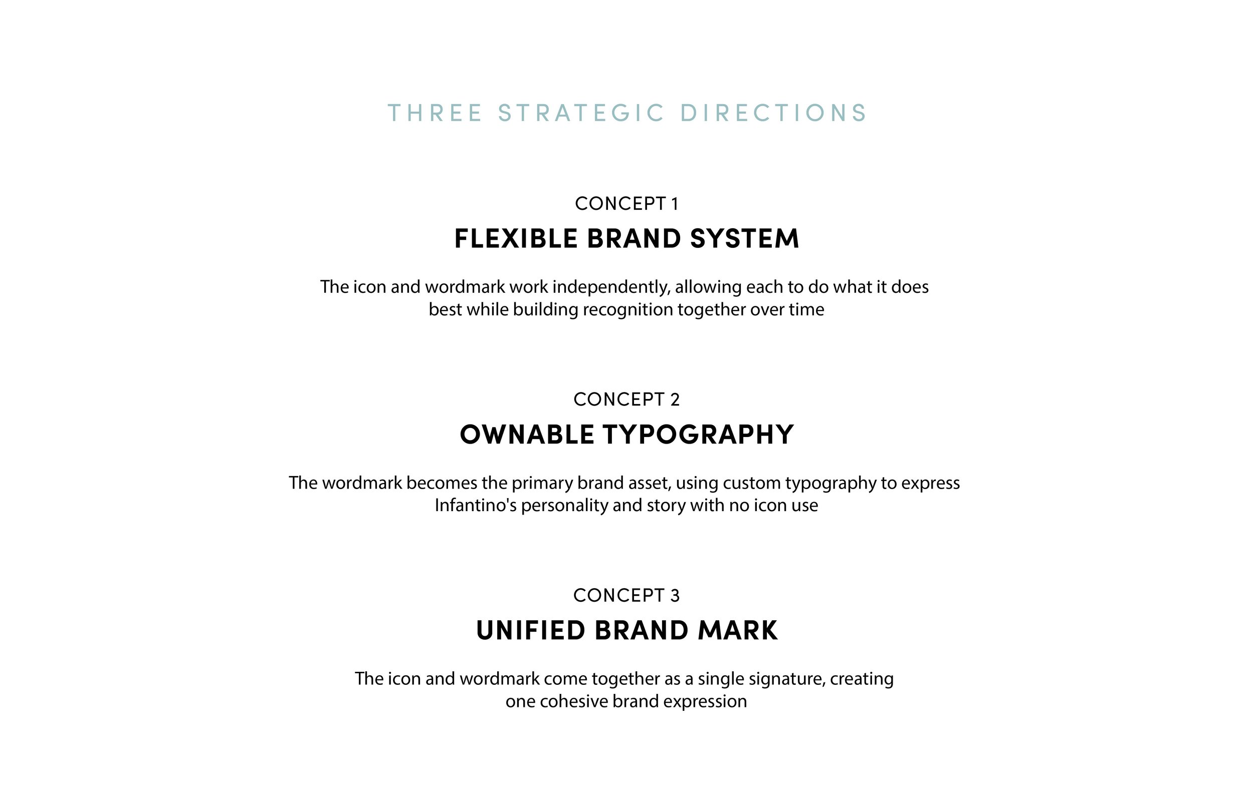Slide titled 'Three Strategic Directions' with three concepts: 1. Flexible Brand System, 2. Ownable Typography, 3. Unified Brand Mark, each with a description.