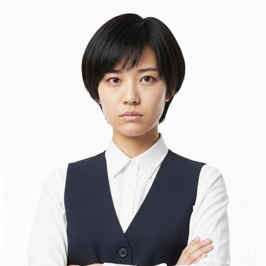 白い背景の前で腕を組んでいる黒髪の女性の肖像写真