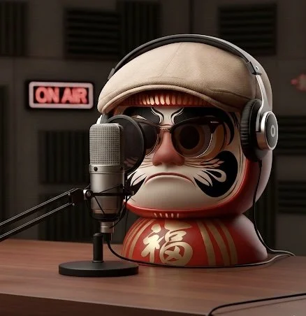 マスクとサングラスをした人形がラジオ放送用のマイクの前に座っている。背景にON AIRのサインがある。