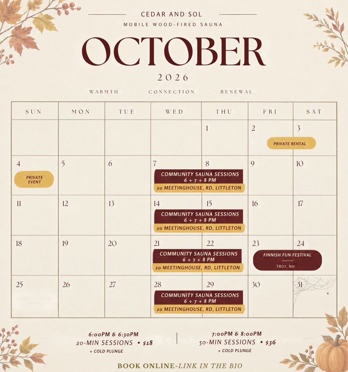 October is here 🍂🔥

New month, new plunge! 
20 min &bull; $18 | 50 min &bull; $36

Community sauna dates &amp; ticketed events are on the calendar. Come sweat, reset &amp; plunge with us 🔥💧#fall #sauna #coldplunge #wellness #reset