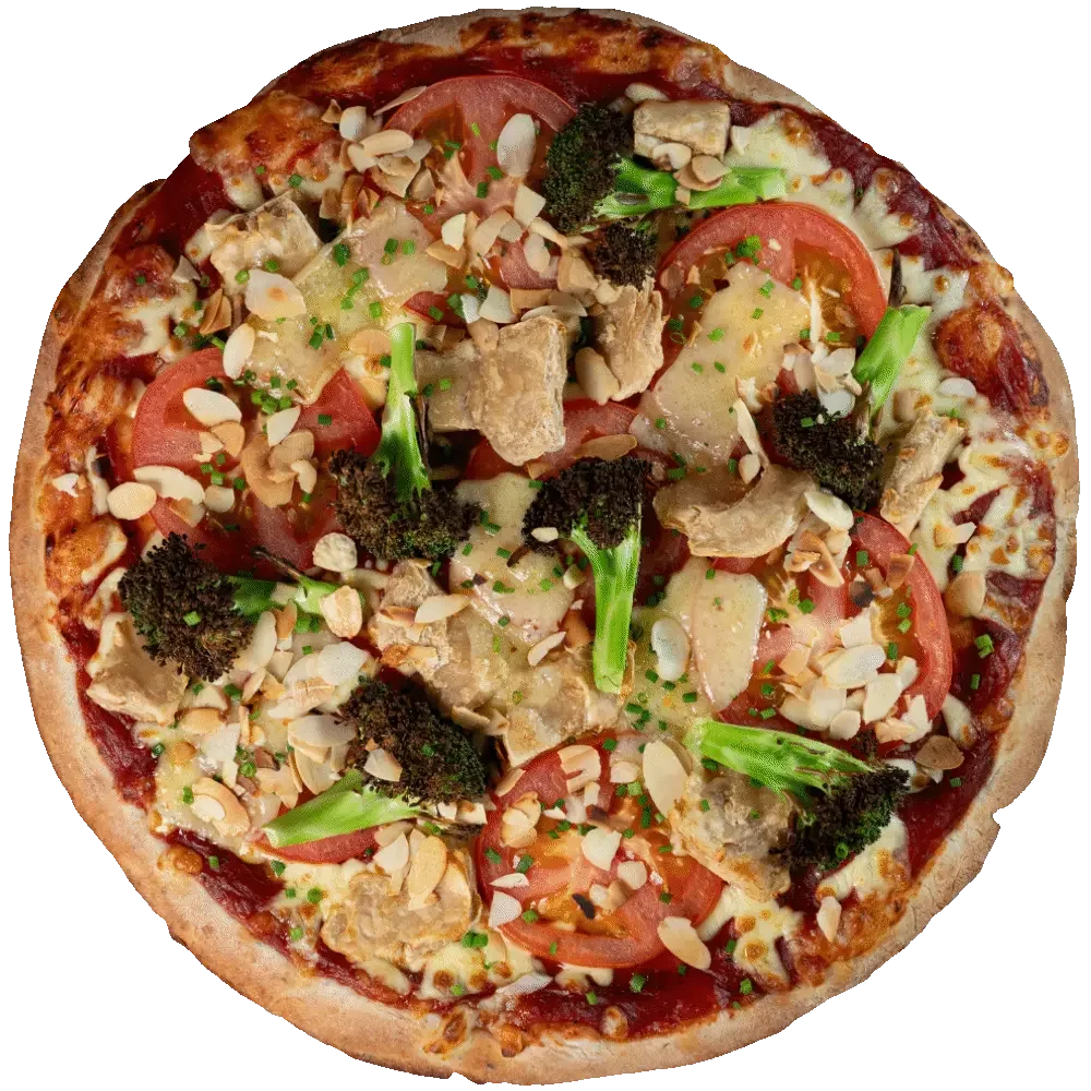 Curie Pizza - Gruyere, broccoli, almond, tomato, Quorn