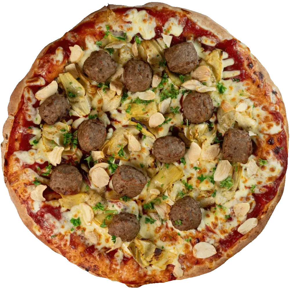 Voltaire Pizza - Artichoke, lamb meatballs, aioli, garlic