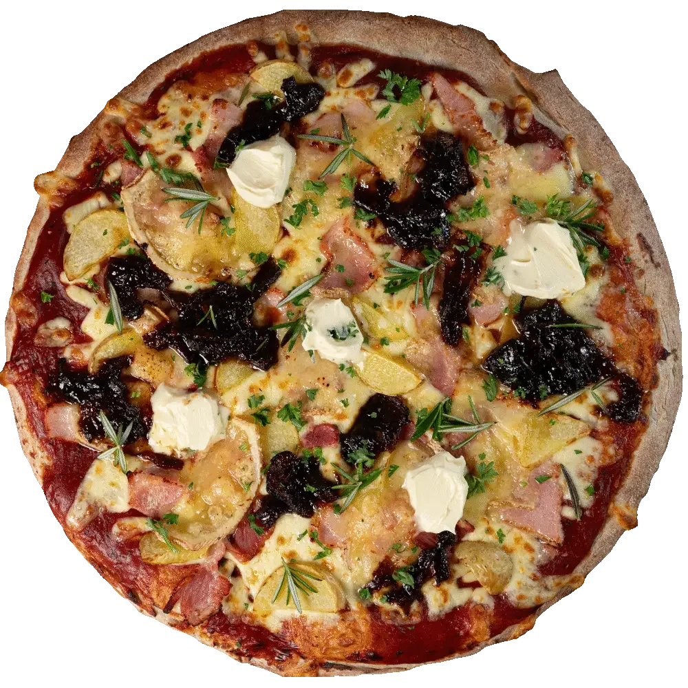 Louis XIV Pizza - potatoes, Raclette, bacon, caramelised onions