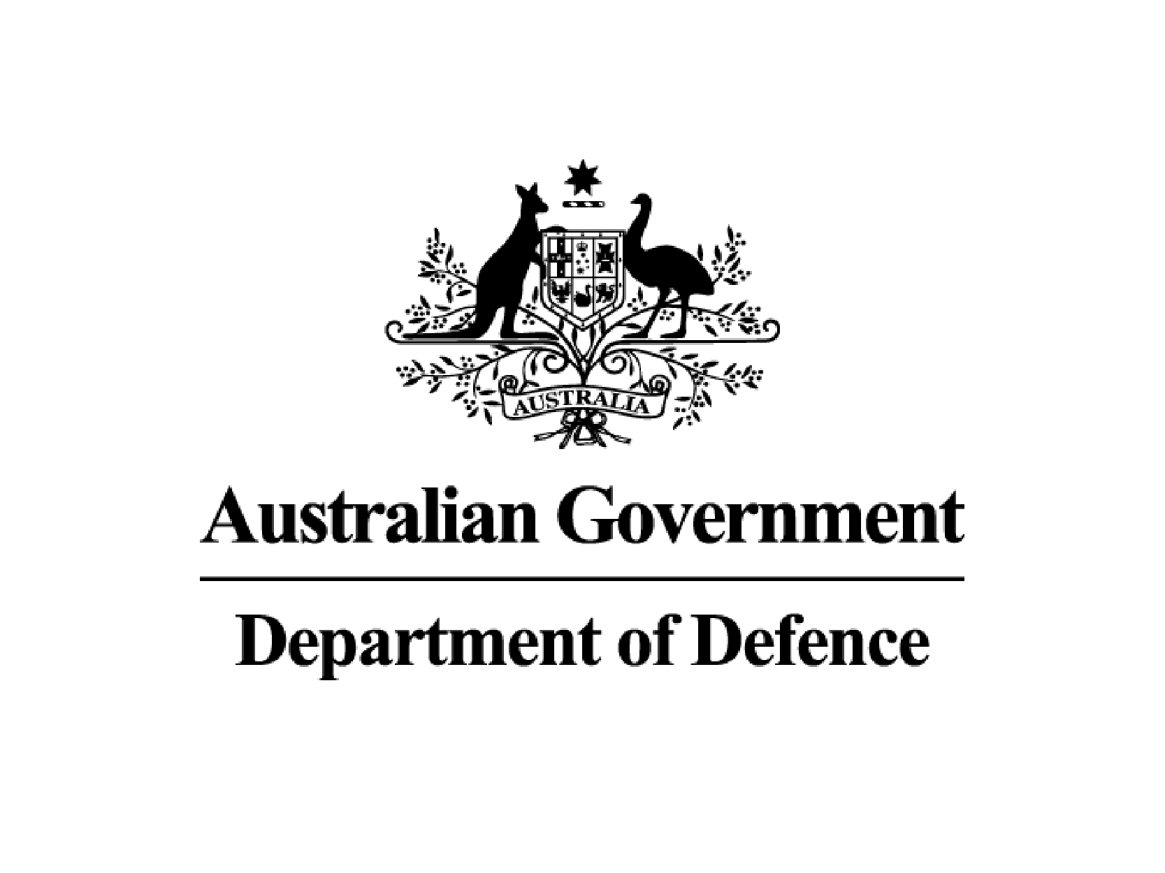 The emblem of the Australian Government Department of Defence featuring a shield, kangaroo and emu, and the word 'Australia', along with the text 'Australian Government Department of Defence'.