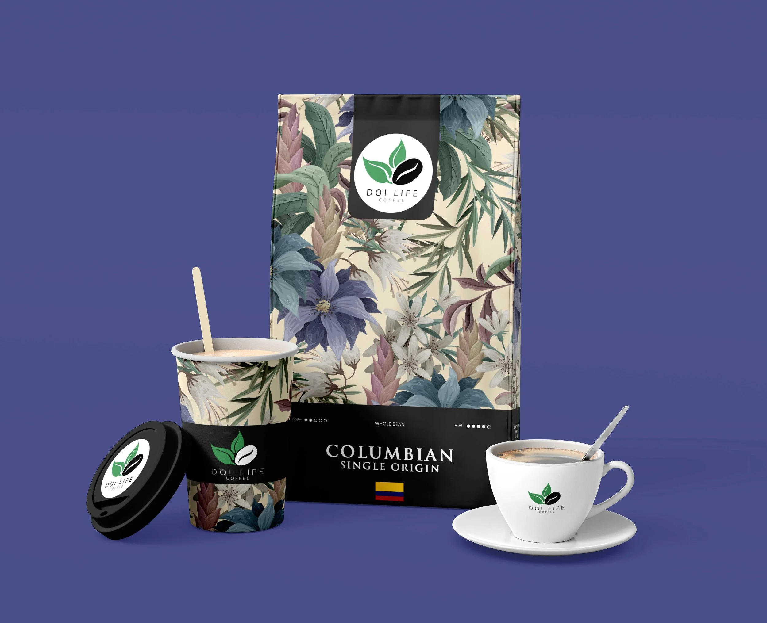 Coffee packaging and cups with floral design featuring blue and purple flowers and green leaves, branded with 'Doi Life Coffee', including a large bag of Colombian single-origin whole bean coffee, a to-go cup, and a coffee cup with saucer and spoon against a purple background.