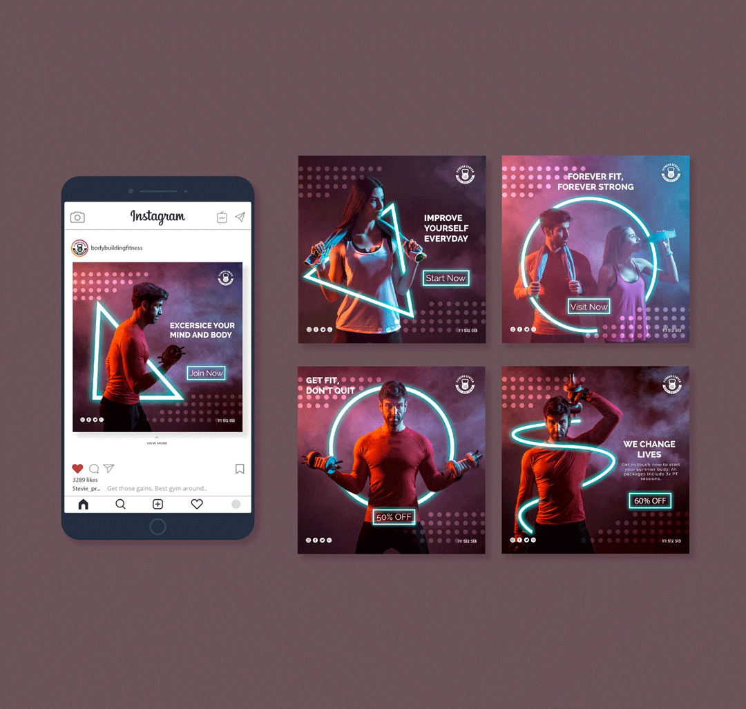 Collection of five fitness-themed social media advertisement posts, featuring individuals exercising with neon lighting effects, promotional messages, and discount offers, arranged on a purple background.