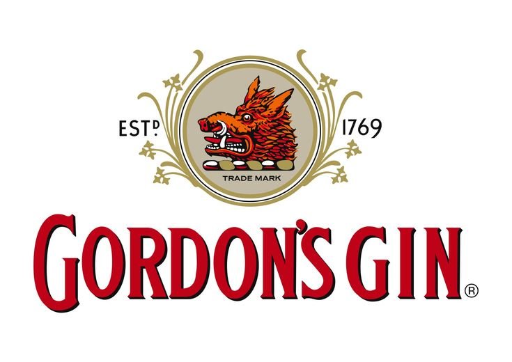 Gordon's Gin logo featuring a red dragon head in a circular emblem with 'EST. 1769' and 'Trade Mark.' Prominent 'Gordon's Gin' text below.