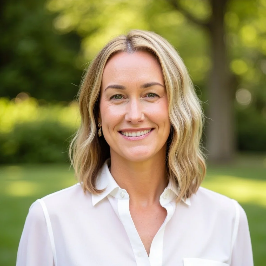 A woman with blonde hair smiling outdoors with green trees and grass in the background.