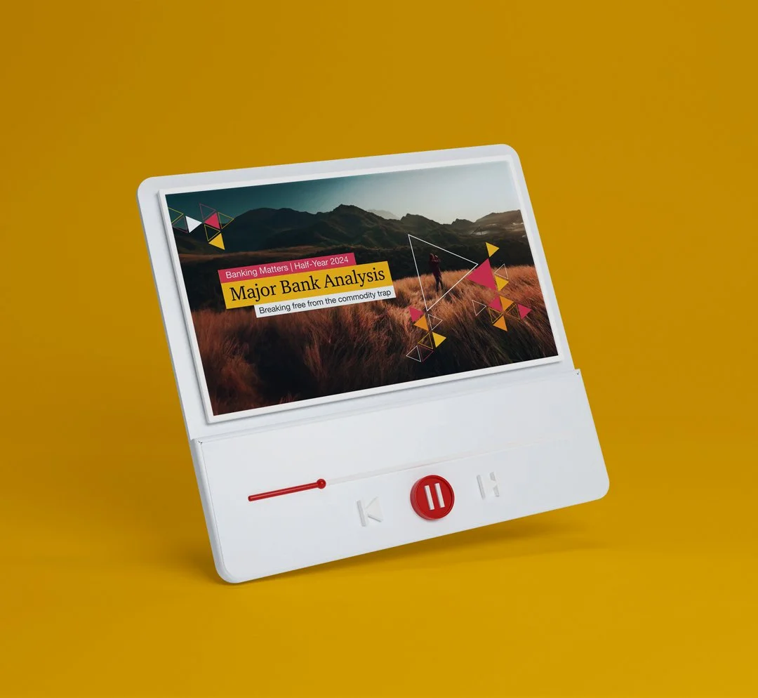 A white portable media player displaying a presentation slide with the title 'Major Bank Analysis' and the subtitle 'Breaking free from the commodity trap,' against a solid yellow background.