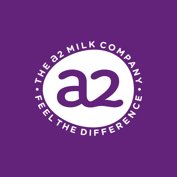 Logo of the a2 Milk Company on a purple background with the slogan 'Feel the Difference'.