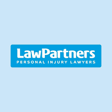 Logo for Law Partners, a personal injury law firm, on a blue background.