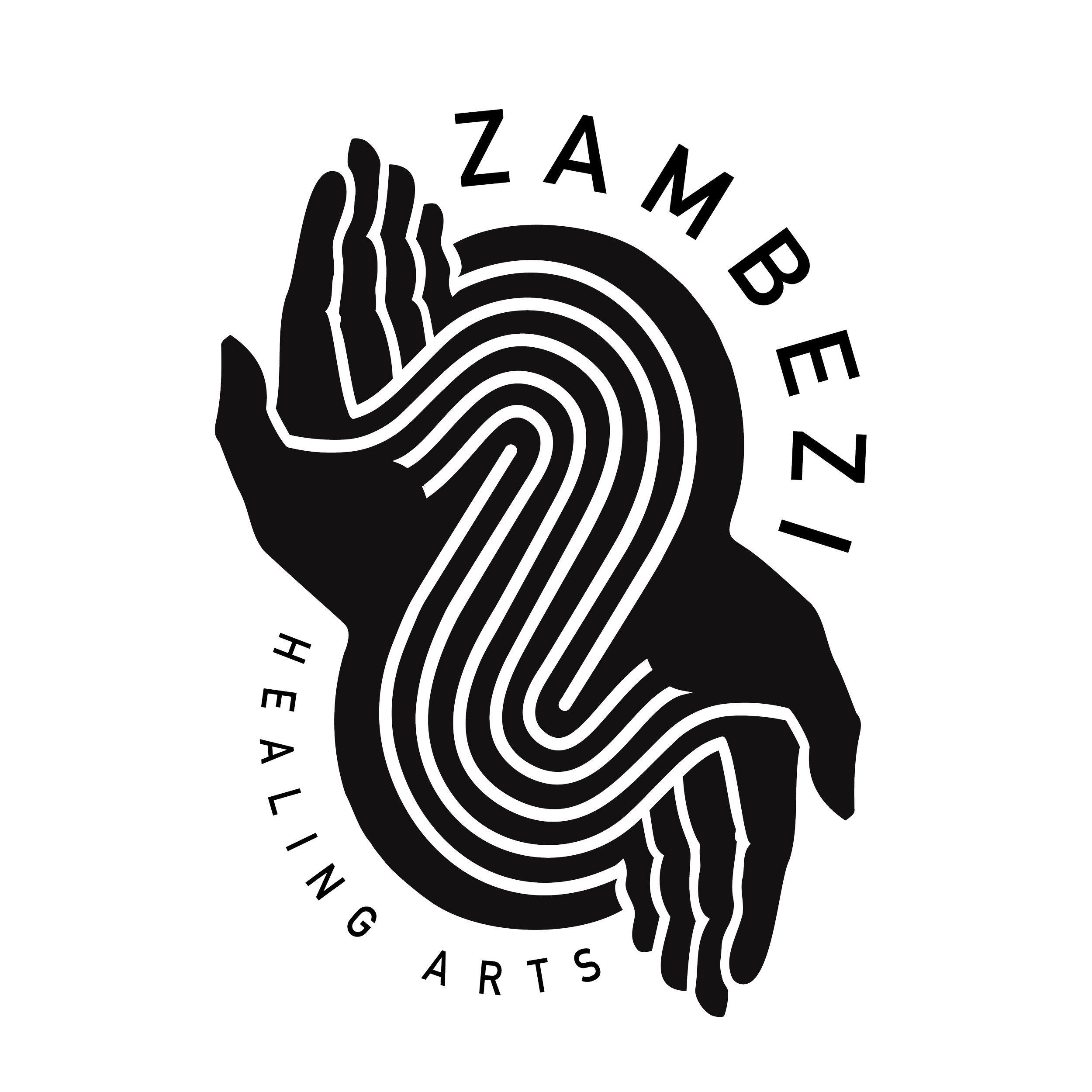 Logo for Zambezi Healing Arts, founded by Wandie Kabule, featuring healing hands and the Zambezi river flow.