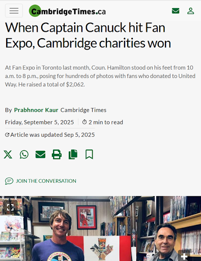 Screenshot of a news article from Cambridge Times titled 'When Captain Canuck hit Fan Expo, Cambridge charities won' with a photo of two men smiling in a bookstore or library, surrounded by books.