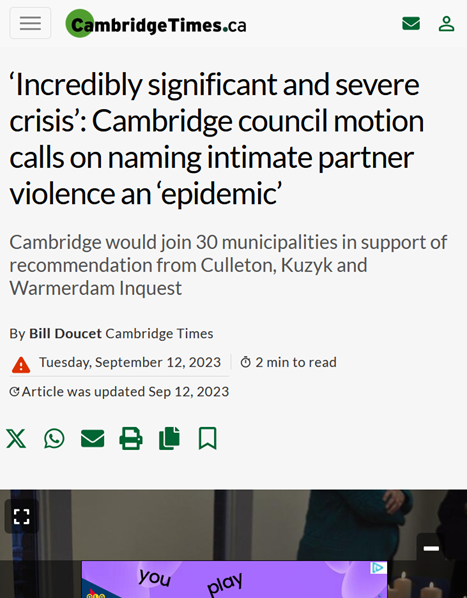 Screenshot of a news article from CambridgeTimes.ca with the headline about a severe crisis and council motion on partner violence, dated September 12, 2023.