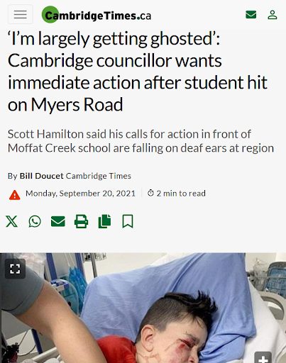 Screenshot of a news article from CambridgeTimes.ca titled 'I'm largely getting ghosted': Cambridge councillor wants immediate action after student hit on Myers Road, showing a boy in a hospital bed with bruises and injuries.