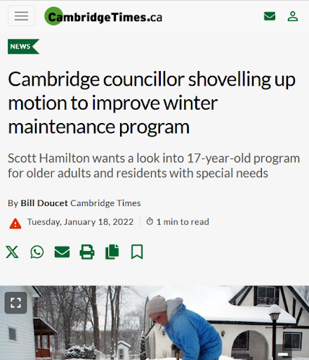 Screenshot of a news article titled 'Cambridge councillor shovelling up motion to improve winter maintenance program.' The article shows a person in a blue winter coat and gray hat shoveling snow outside in a residential area with snow-covered trees and houses.