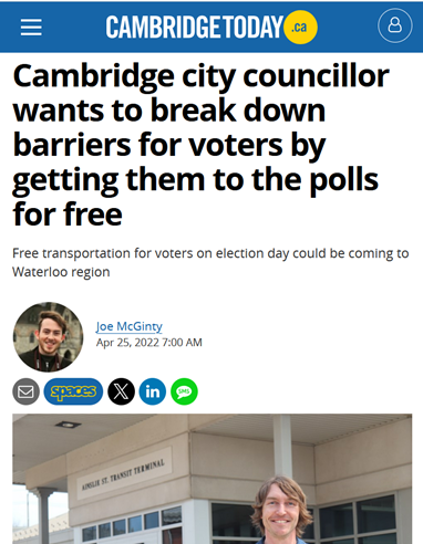 Screenshot of a news article from Cambridge Today about Cambridge city councilor proposing free transportation to encourage voting, with a photo of a smiling man in front of a transit terminal.