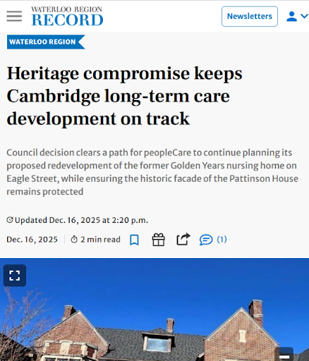 A news article from Waterloo Region Record discussing heritage compromise affecting long-term care development at the former Golden Years nursing home and the Pattinson House in Cambridge, Ontario. The image features a brick building with a pitched roof and a clear blue sky.