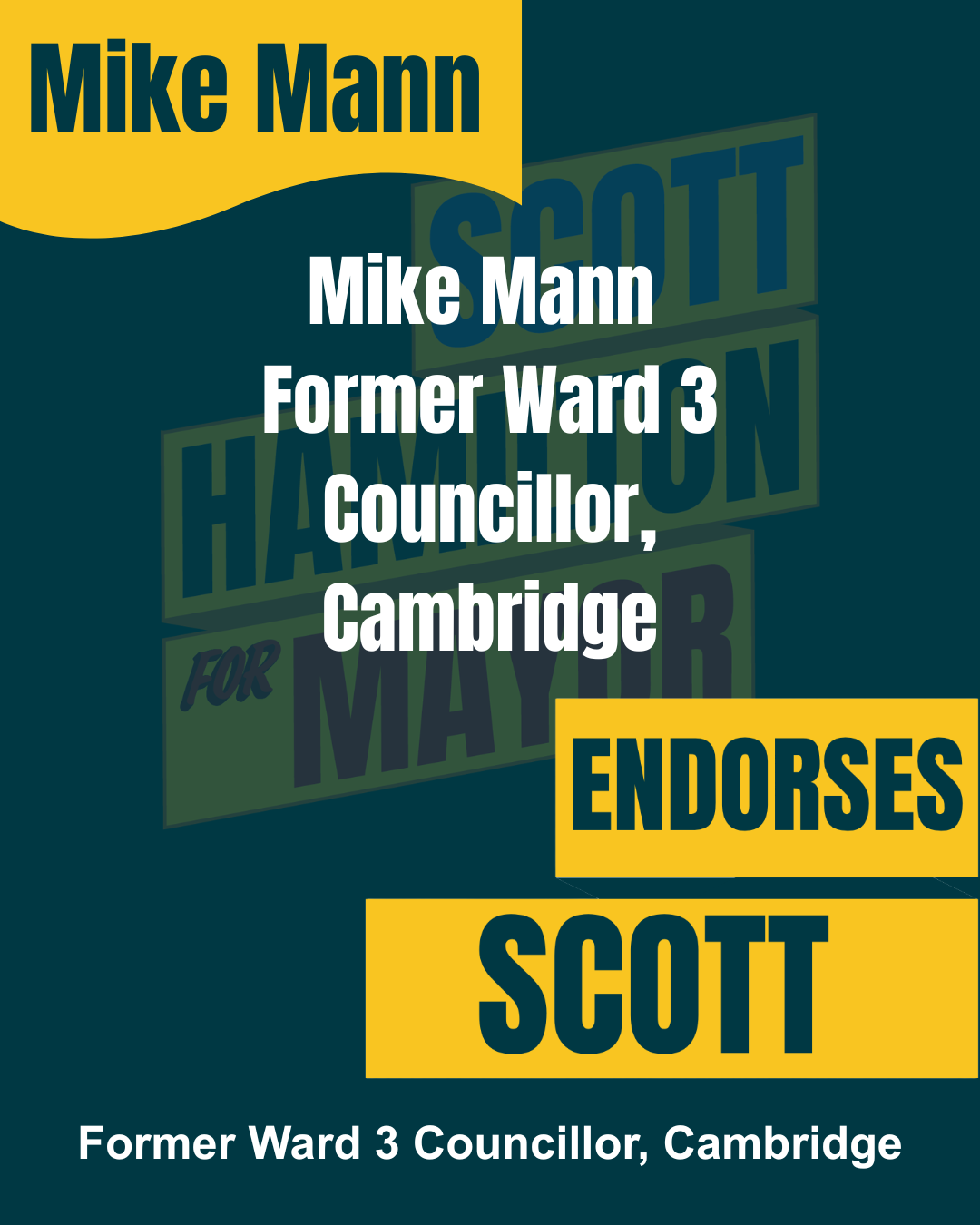 A political campaign poster endorsing Mike Mann, a former Ward 3 councillor in Cambridge. The poster features his name in large black text on a yellow background, with additional information about his former position and location in white text overlaying dark blue and green backgrounds with campaign slogans.