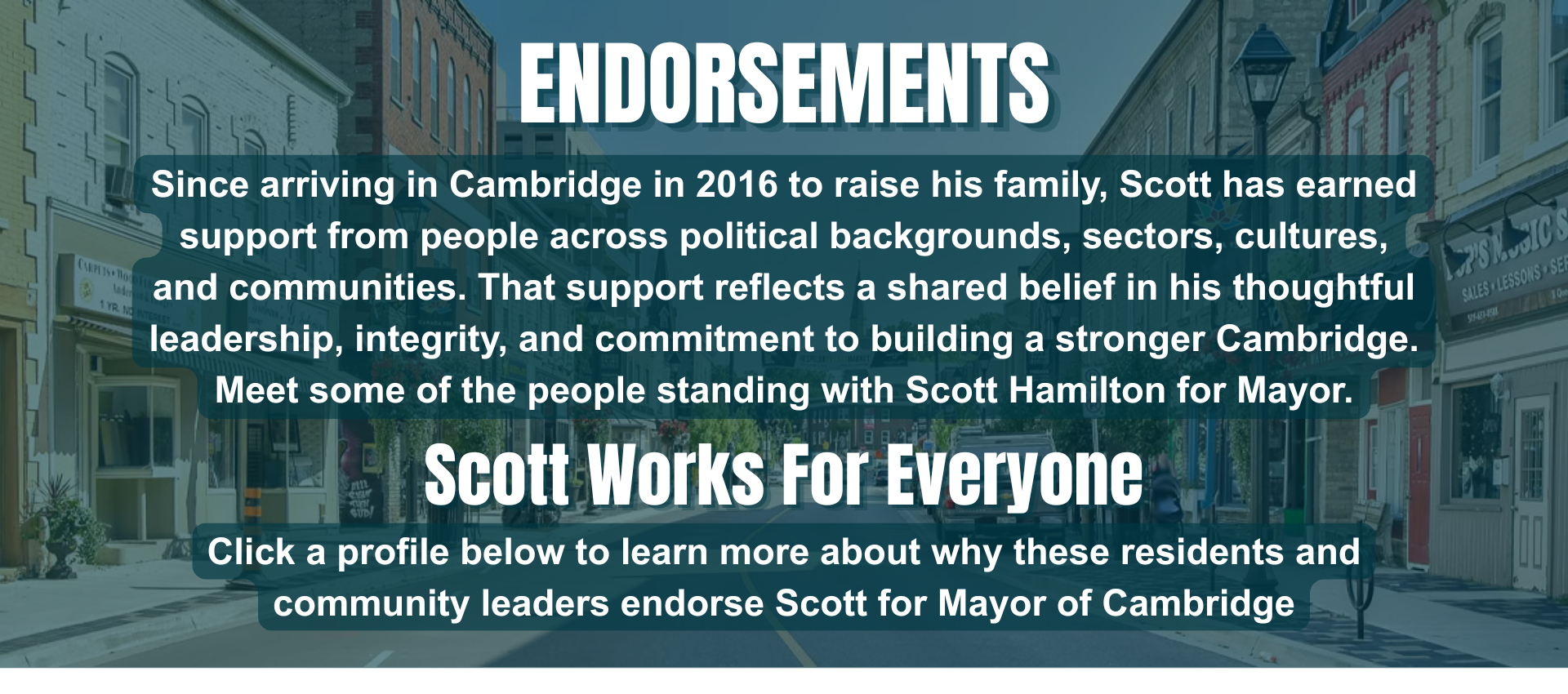 Text overlay on a street view image of a downtown area with historic buildings, promoting Scott Hamilton's campaign for Mayor of Cambridge, highlighting his endorsements and community support.