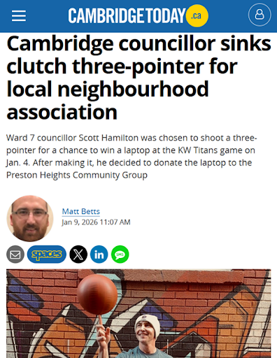 A news article from CambridgeToday.ca about Cambridge councillor Scott Hamilton sinking a three-point shot during a basketball game, then donating the laptop used afterward. The article features a small photo of Scott Hamilton and a larger photo of a person playing basketball.