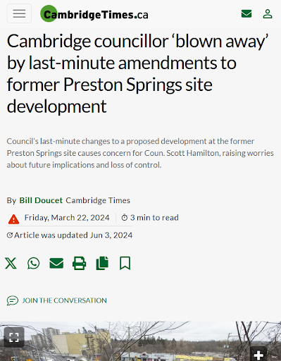 Screenshot of a mobile news article from Cambridge Times about a Cambridge councillor's last-minute amendments to a development project at the former Preston Springs site, dated March 22, 2024.