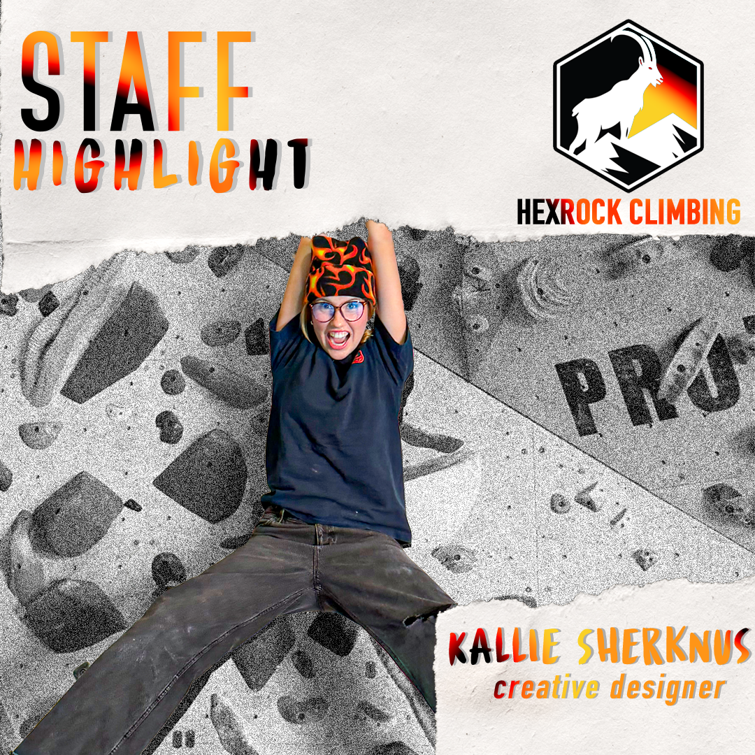 A young woman wearing glasses, a helmet, and a dark shirt, posing with her arms raised in front of a rock climbing wall with the word "PRO". Text on the image reads "STAFF HIGHLIGHT," with "KALLIE SHERKNUS creative designer" and a logo of a mountain goat with a sun and mountains near the top right corner.