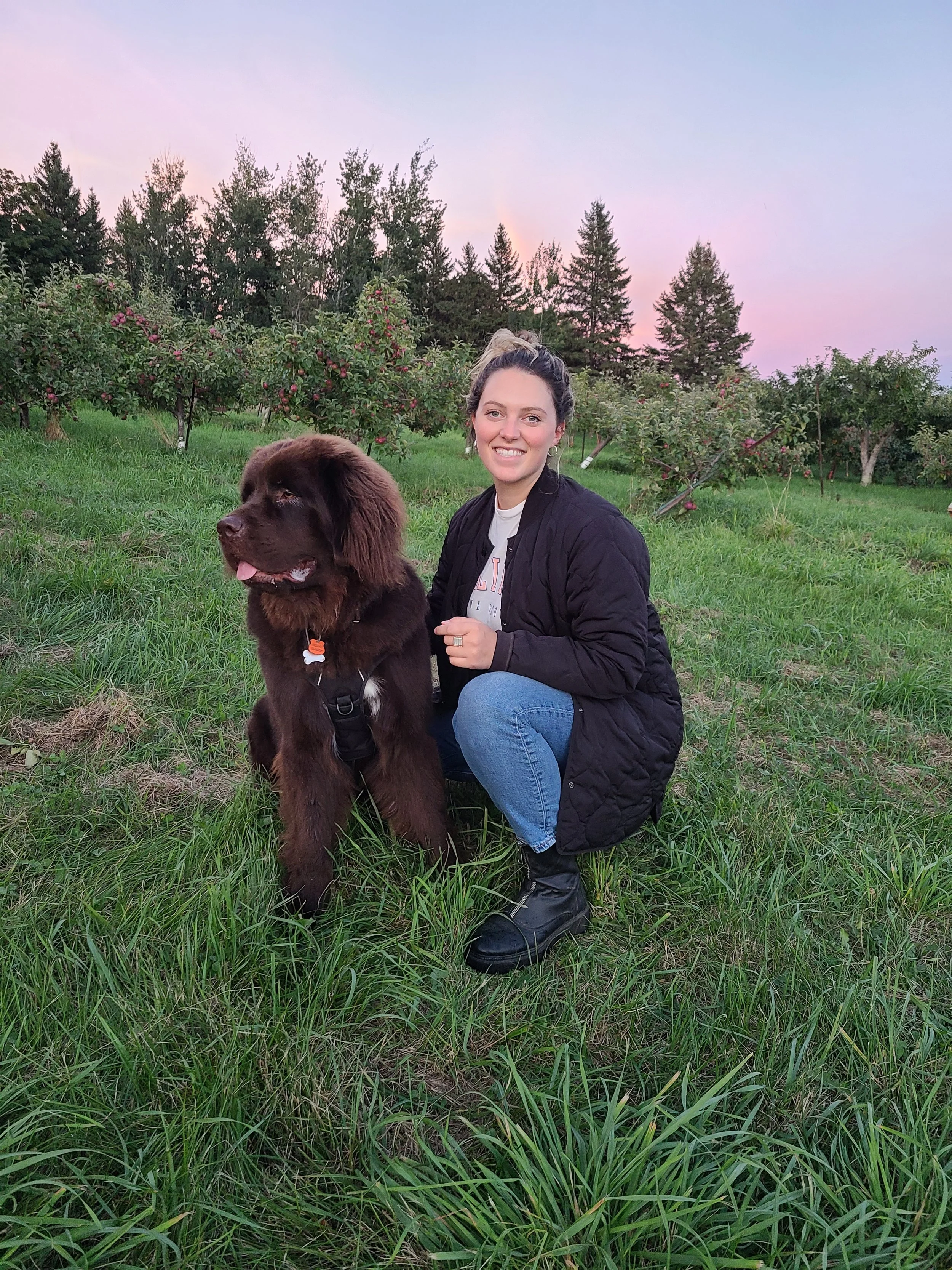 Une femme et un chien Labrador noir posant dans un champ d'herbes vertes avec des arbres en arrière-plan au crépuscule.