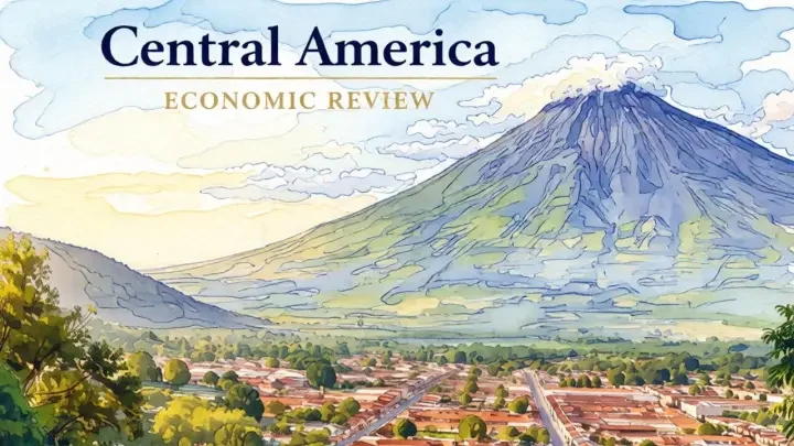 Illustration of a volcano with a town in the foreground, titled 'Central America: Economic Review'.