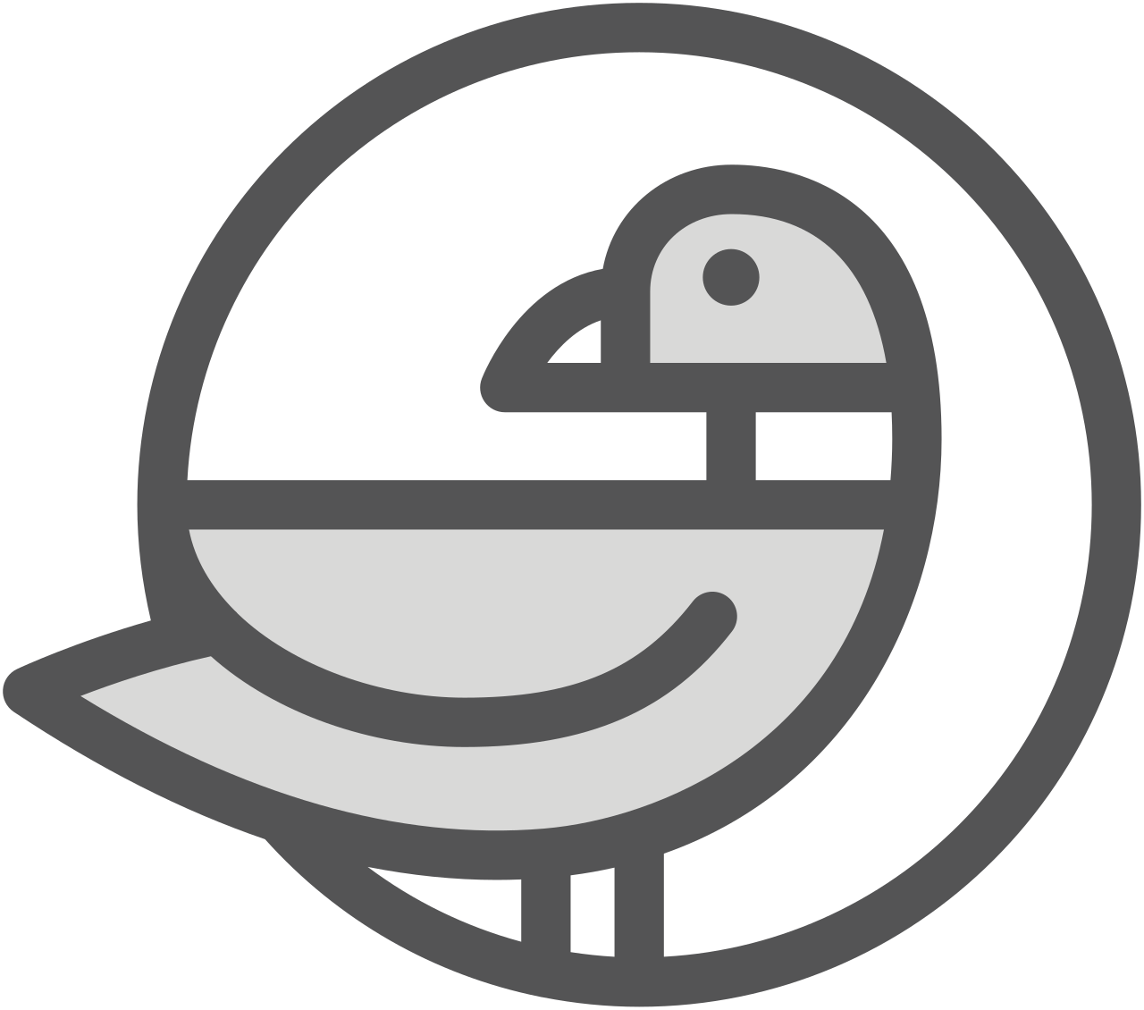 A stylized black, white, and gray illustration of a bird on a branch inside a circular outline.