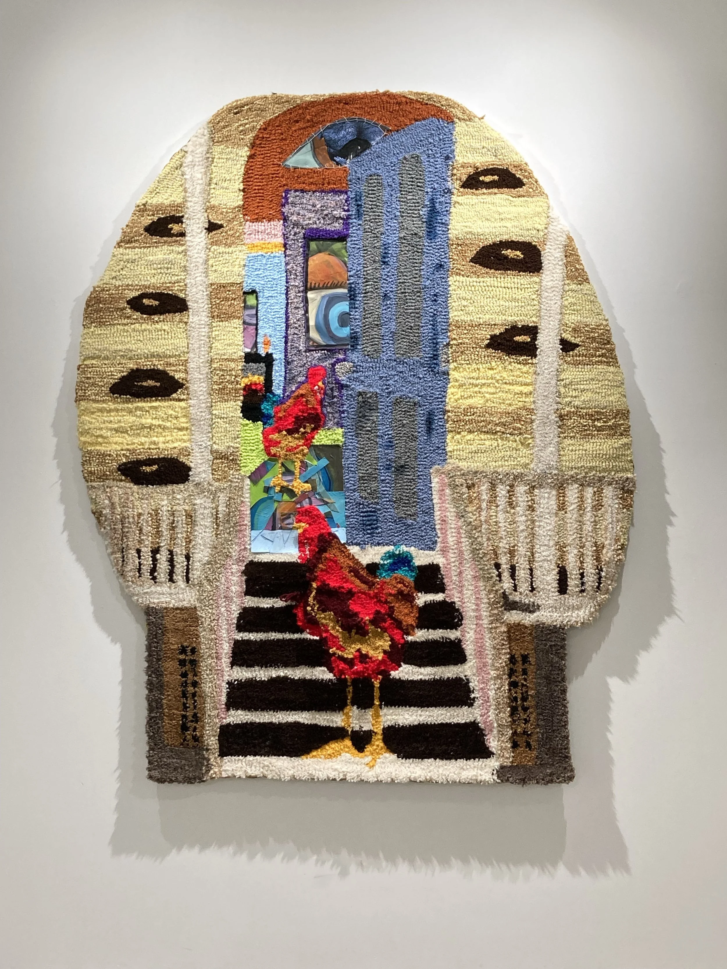 When the Rooster Comes, Death Follows, 50" x 61", tufted yarn, repurposed canvas, 2024