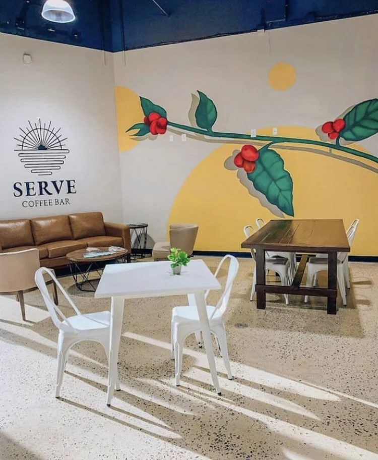 Serve Coffee Bar, temporary installation, interior paint, 2023, Greenville, NC. Collaboration with Rakia Jackson and Raymond Henderson. 