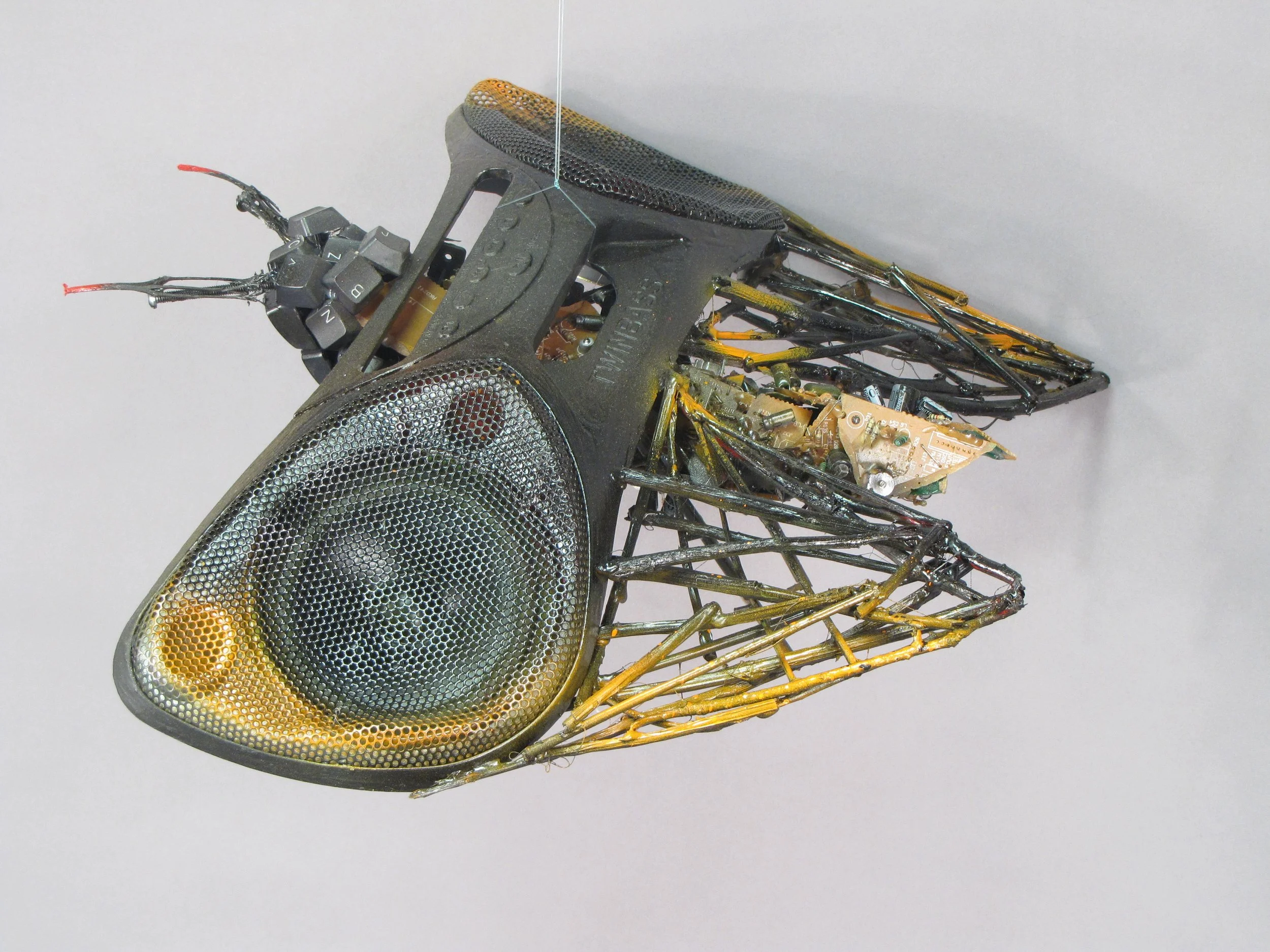 Butterfly, Mixed media, repurposed radio, sticks, paint, keyboard keys, 2015, Scholastic key award