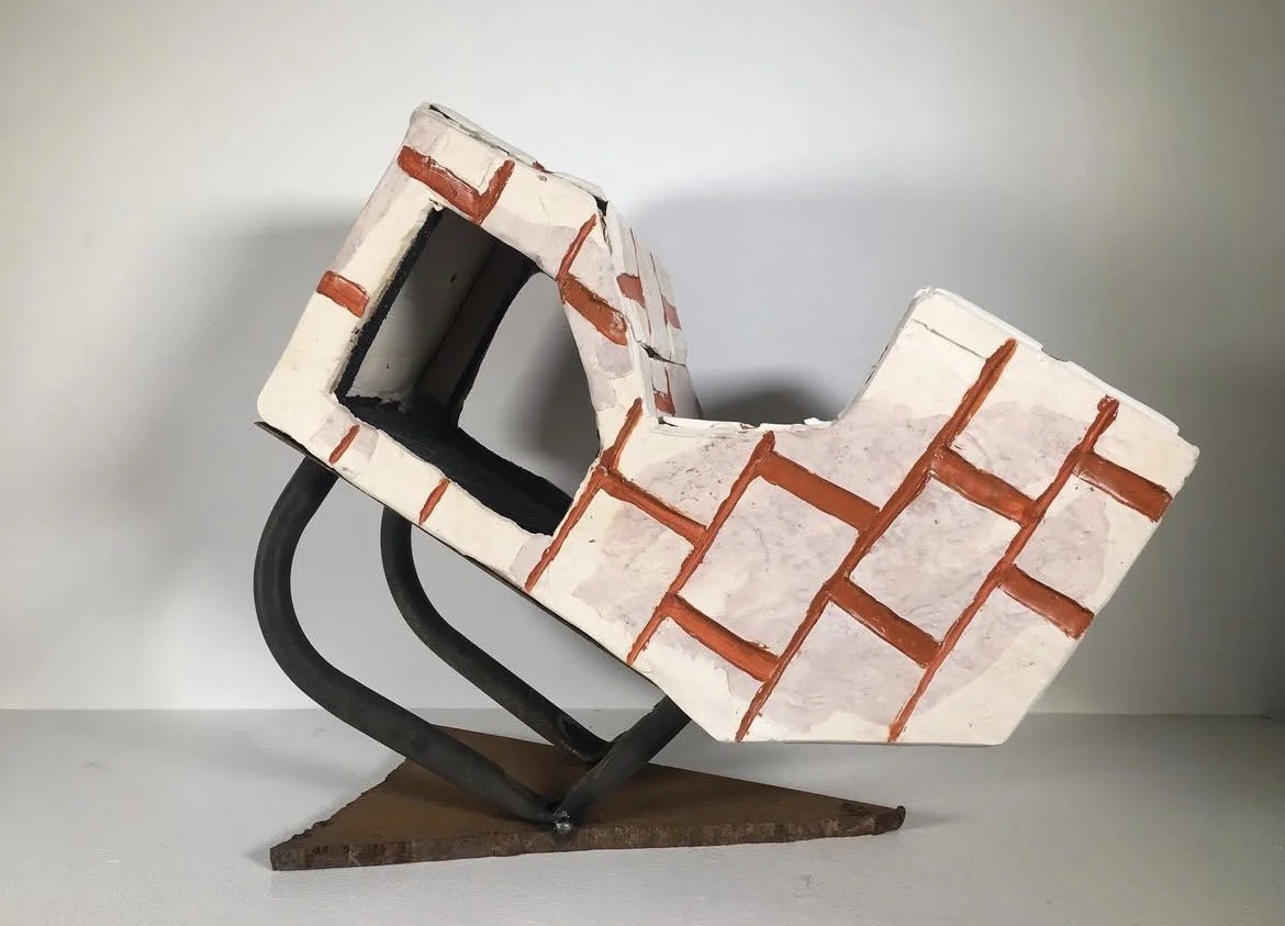 Cradled, polymer clay, repurposed steel, wood,  2019