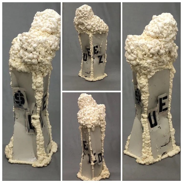 Squeezed, 57" x 12" x 12", repurposed metal, spray foam, paint, 2020