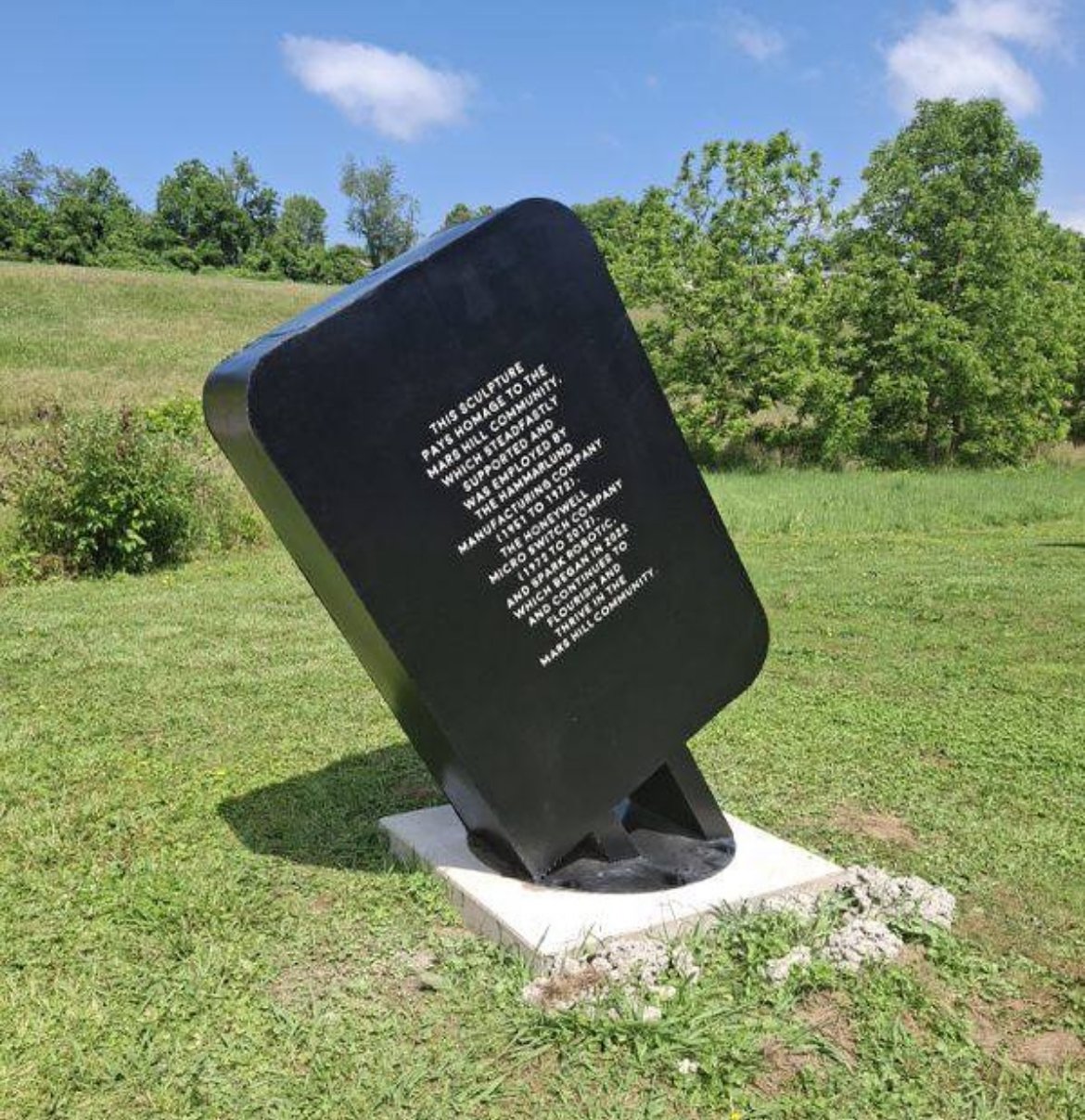 Switch, Steel, vinyl, exterior enamel, Manufacturing Art Park, Mars Hill, NC, 2025. Collaboration with Thaddeus Prevette. 
Permanent installation.