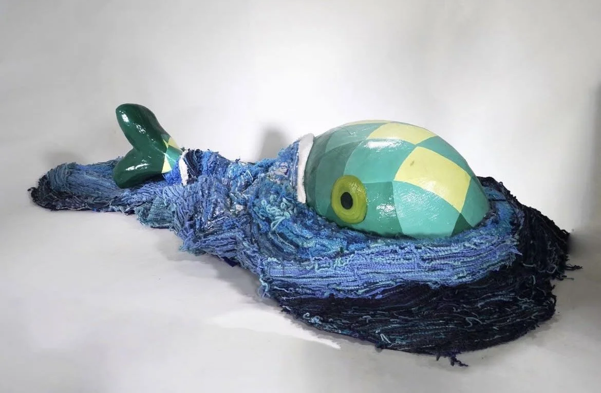 Fish Pool, 14" x 38", x 75", repurposed carbon fiber, paint, tufted yarn, plaster, 2021