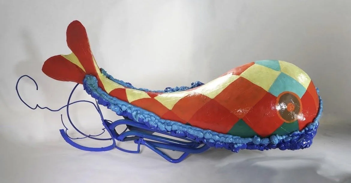 Dream Fish II, 35" x 15" x 66", repurposed carbon fiber, repurposed metal, paint, plaster, 2022